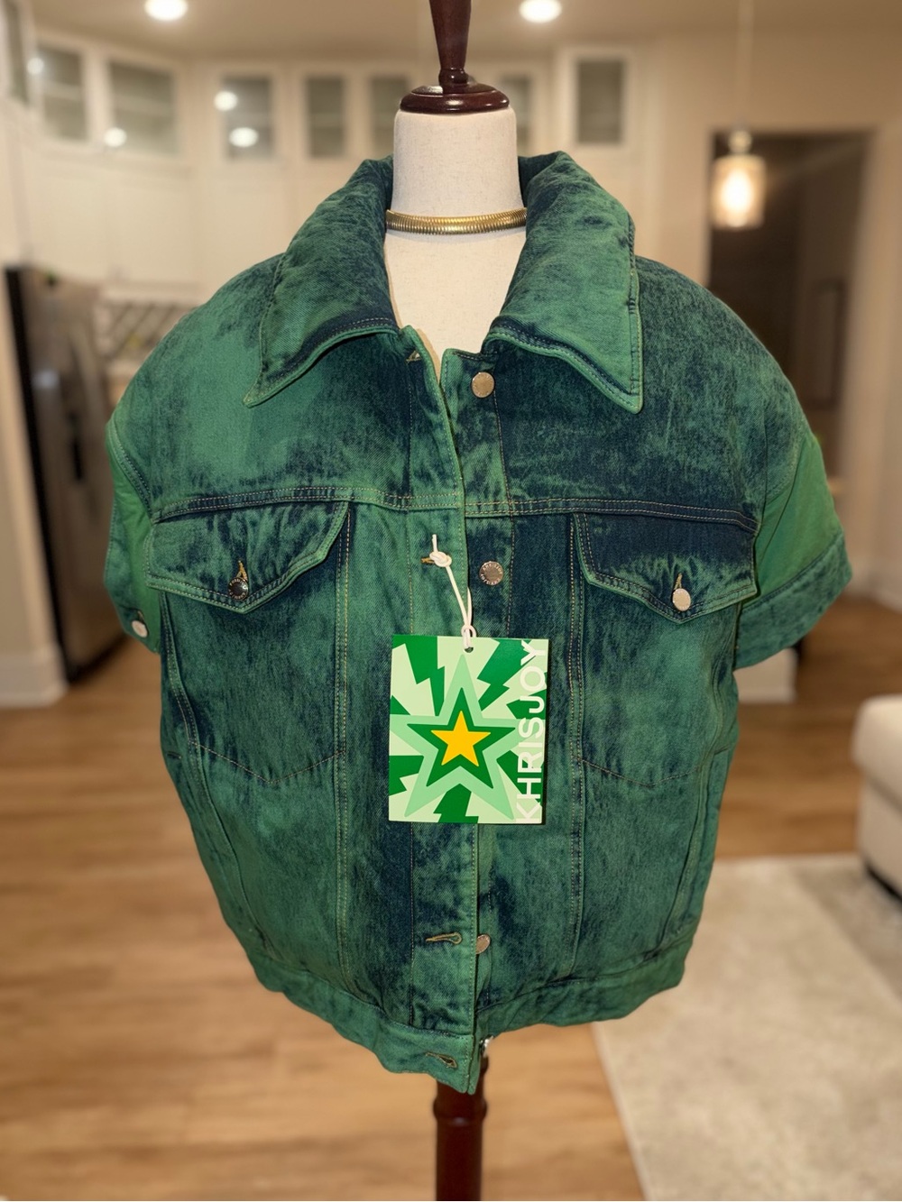 KHRISJOY Green Acid Wash Denim Jean Vest Sz M